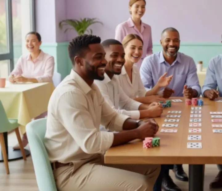 Grupa gości podczas integracyjnej gry w blackjacka przy jasnym stole w restauracji Widostravex