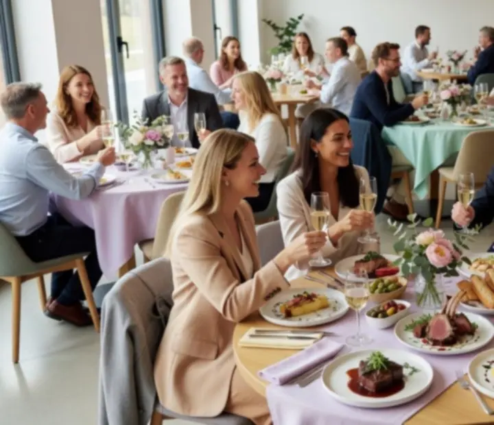 Kolaż zdjęć z wydarzeń w restauracji Widostravex, prezentujący eleganckie stoły i potrawy