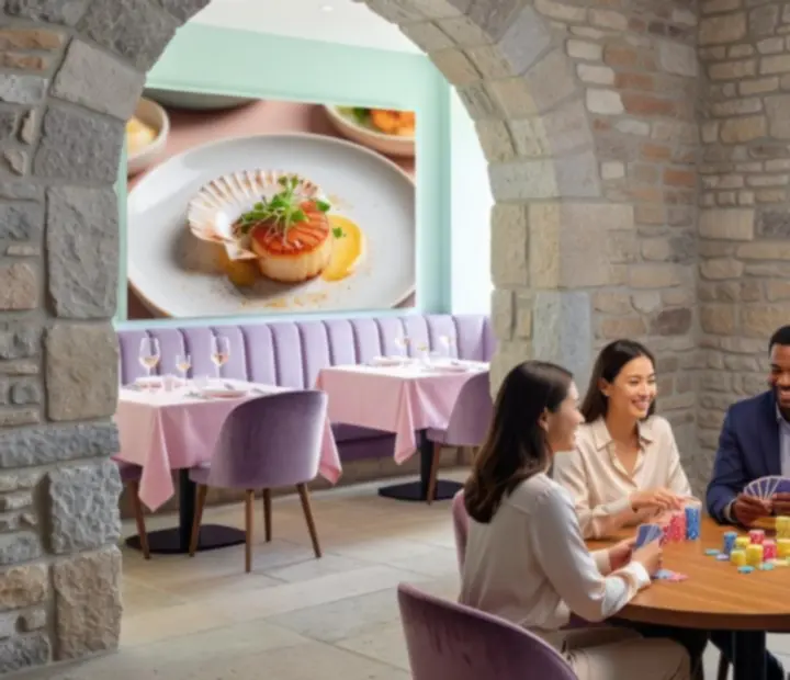 Wnętrze nowoczesnej restauracji Widostravex w pastelowych kolorach