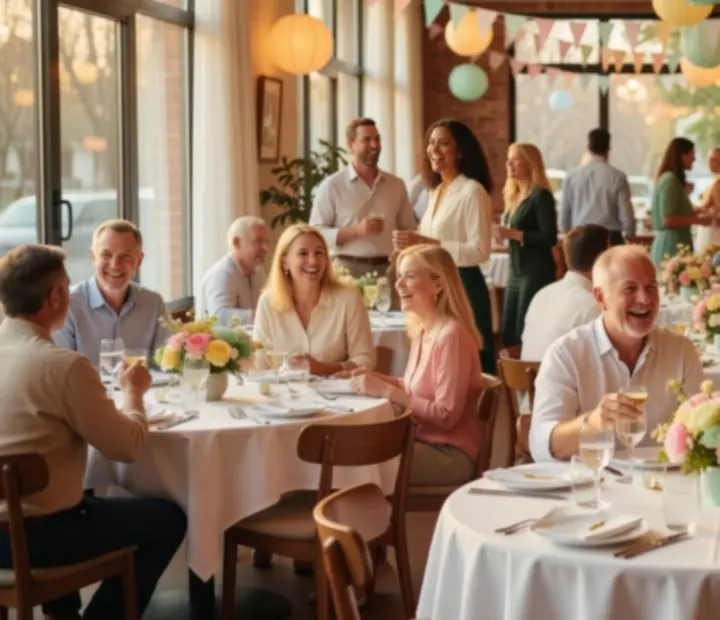 Uśmiechnięci goście podczas wydarzenia w restauracji Widostravex