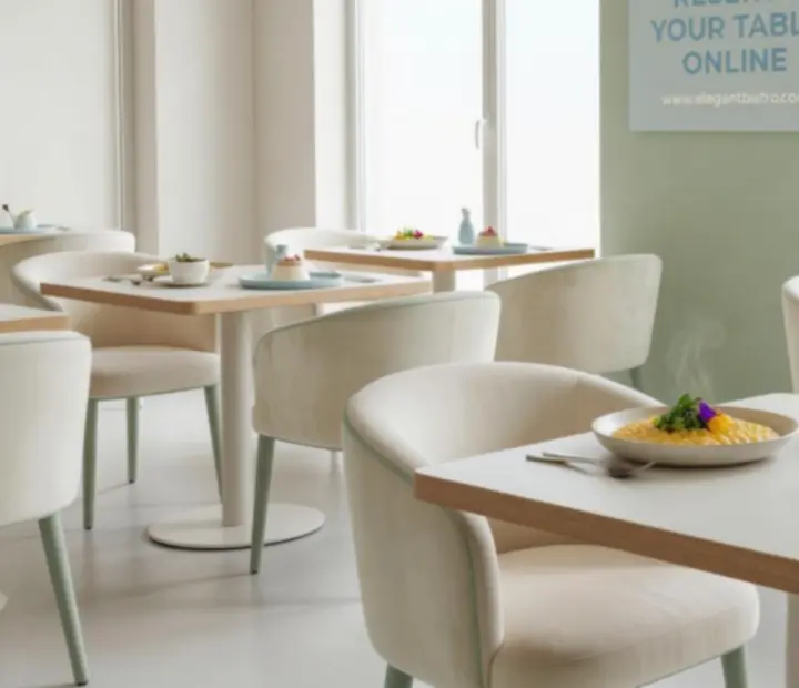 Eleganckie, pastelowe wnętrze restauracji Widostravex z europejskimi potrawami na stole