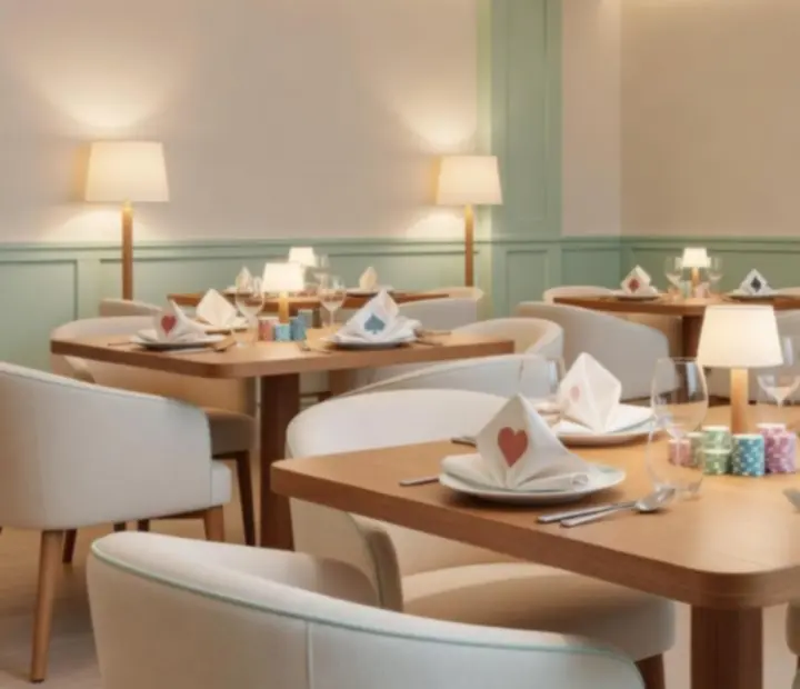Elegancka sala restauracyjna Widostravex przygotowana na jasny wieczór kasyno z pastelowym oświetleniem