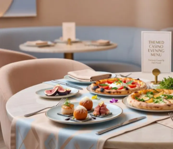 Eleganckie dania kuchni europejskiej podane w pastelowej oprawie podczas wieczoru kasyno w restauracji Widostravex