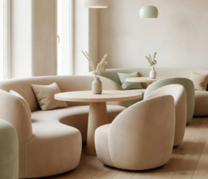 Delikatne, zaokrąglone detale i pastelowy design wnętrza restauracji Widostravex