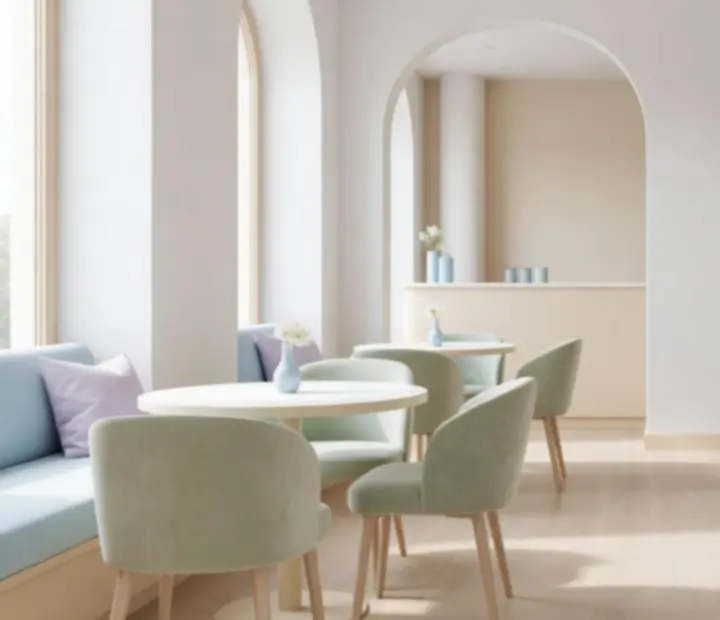 Kameralne, pastelowe wnętrze restauracji Widostravex z jasnym wystrojem