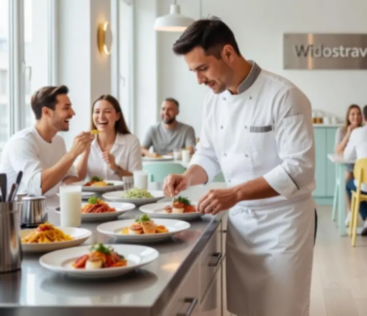 Zespół restauracji Widostravex w trakcie pracy: przygotowywanie potraw i obsługa gości