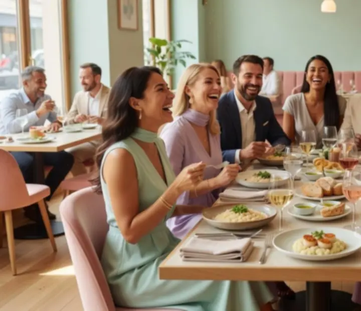 Uśmiechnięci goście przy stole w restauracji Widostravex