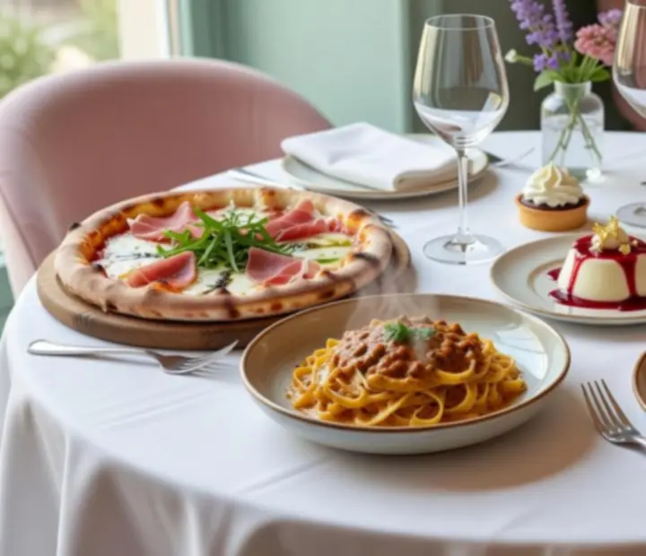 Przykładowe dania serwowane w restauracji Widostravex: pizza, makarony, steki, ryby i desery